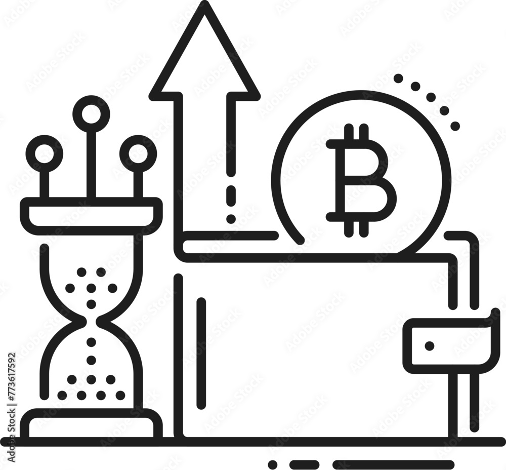 Poster Blockchain technology, cryptocurrency online transaction, fintech linear icon. Internet cryptocurrency investment, fintech data business outline vector symbol with wallet, sand clock and bitcoin sign