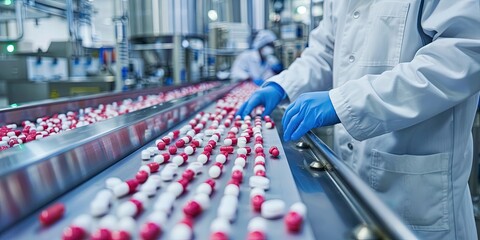 Pharmaceutical manufacturing facility featuring workers in protective scrubs  working on an assembly line with a conveyor belt of drugs and vials. - obrazy, fototapety, plakaty