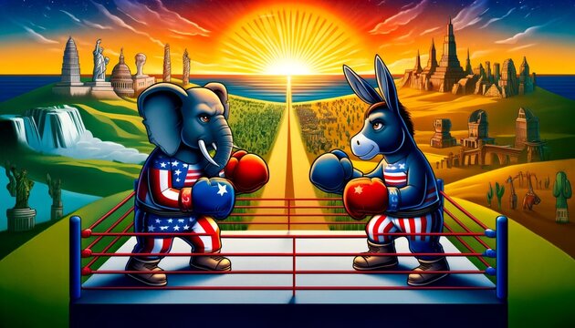 Colorful animated political satire with donkey and elephant in boxing ring at sunrise symbolizing American bipartisan debate