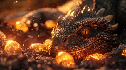 3D fantastic dragon, golden eggs nestled in lava, eye level, dusk radiance ,Hyper realistic photography - obrazy, fototapety, plakaty