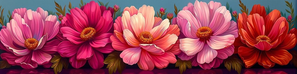A row of bright, multicolored dahlia flowers against a teal background, ideal for vibrant and colorful design themes