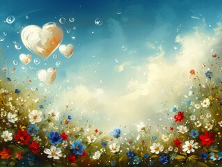 Heart bubbles floating over a spring meadow, combining the romance of Valentine's Day with the freshness of spring flora