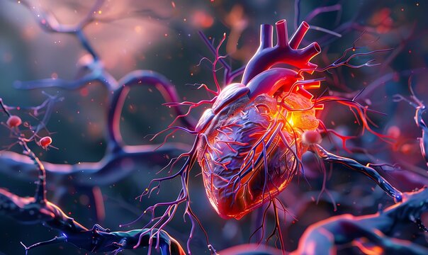 Illustration depicting clogged arteries in the human heart, explained scientifically in 3D