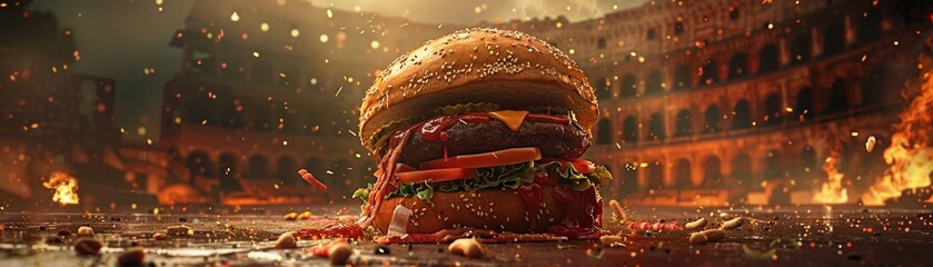 Gladiator in the Colosseum facing a giant burger challenge, epic showdown, dynamic angle, 3D illustration ,3d illustration. - obrazy, fototapety, plakaty