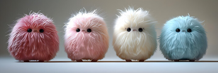 country pigs in a row,
Adorable Furry Hair Abominable Snowball Monsters - obrazy, fototapety, plakaty