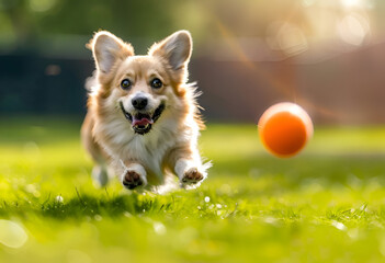 Cute welsh corgi pembroke running outdoor in across the lawn near a country house. Summer illustration on the theme of pets. - obrazy, fototapety, plakaty