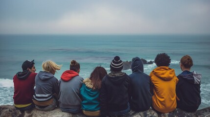 Tight-knit friends overlooking vast sea, unity in diversity, huddled together, friendship, ocean vista, bond, diverse group, shared moment, unity.