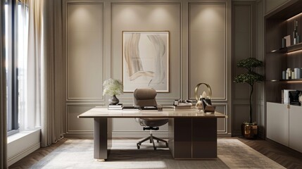 An elegant workspace with a marble-topped desk, designer task chair, and abstract artwork adorning the walls, bathed in soft, diffused ligh