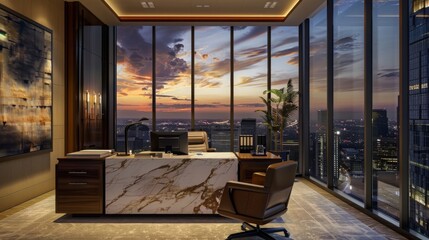 An executive office suite with a commanding marble desk, plush leather seating, and panoramic views of a vibrant urban skyline through expansive windows - obrazy, fototapety, plakaty