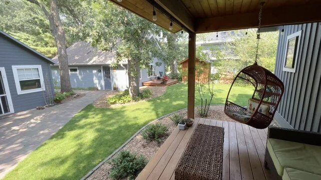 Relaxing summer courtyard view from a cottage porch