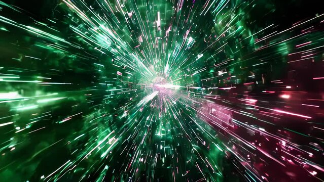 Dynamic abstract image of neon green and pink light rays powerfully emanating from the center outwards in a radial pattern. Filled with a sense of speed and explosive energy. 