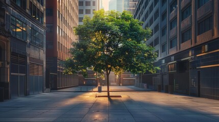 Amidst the hustle and bustle of city life a lone tree stands tall and proud as a silent warrior a reminder of the importance of nature in urban environments. - obrazy, fototapety, plakaty