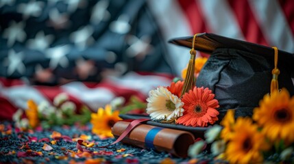 A black graduation cap and diploma with  flowers against an American flag backdrop. Graduation concept