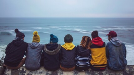 Tight-knit friends overlooking vast sea, unity in diversity, huddled together, friendship, ocean vista, bond, diverse group, shared moment, unity. - obrazy, fototapety, plakaty