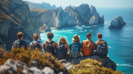 Tight-knit friends overlooking vast sea, unity in diversity, huddled together, friendship, ocean vista, bond, diverse group, shared moment, unity. - obrazy, fototapety, plakaty