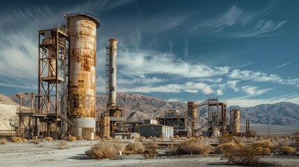 A deserted industrial complex stands in stark contrast to the serene beauty of a nearby desert landscape highlighting the dichotomy between artificial and natural landscapes. - obrazy, fototapety, plakaty