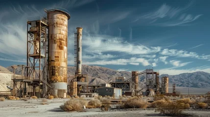 Papier Peint photo Vert bleu A deserted industrial complex stands in stark contrast to the serene beauty of a nearby desert landscape highlighting the dichotomy between artificial and natural landscapes.