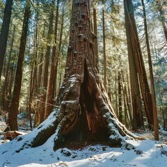 Snow-Capped Solitary Redwood, Sunlight Beams Through Snow-Draped Branches, Isolated Forest Clearing, Pinetopped Landscape