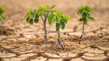 Trees grown in dry, cracked, dry soil in the dry season, global warming
