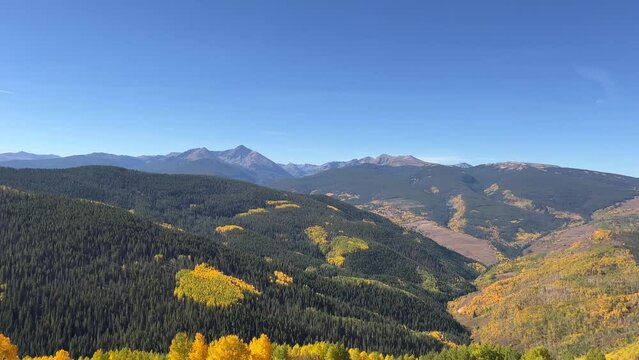Pan left across mountain range with dark evergreens and gold aspen trees
