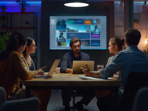 Project Manager Makes a Presentation for a Young Diverse Creative Team in Meeting Room in an Agency. Colleagues Sit Behind Conference Table and Discuss Business Development, User Interface and Design