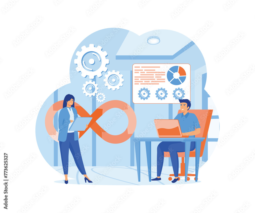 Poster dev0ps engineers web design with people. dev0ps work with computers scene. flat vector modern illust