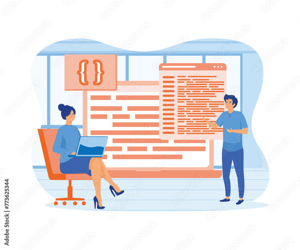 Poster developers and devops. technical support teams working together to build an engineering system. flat
