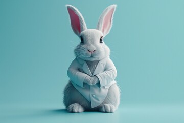 A rabbit dressed in a scientist's lab coat on a light blue background, creating a whimsical representation of scientific research, 3D render