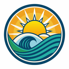 Ocean with sun or surfing in circle logo design vector template