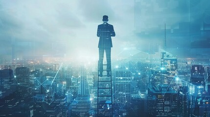 Man in Suit with Binoculars on Ladder, Business Vision, Cityscape Horizon, - obrazy, fototapety, plakaty