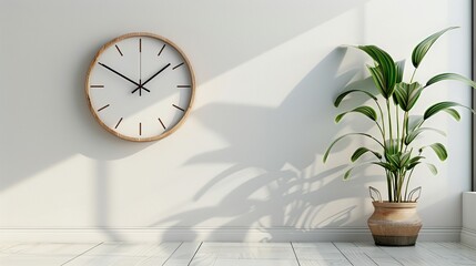 Simplicity in design highlighted by a minimalist round wall clock on a pure white background, showcasing creative minimalism,  vibrant