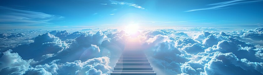 Stairway to Dreamlike Cloudscape, Blue Sky Backdrop, Fantasy Ascension - obrazy, fototapety, plakaty