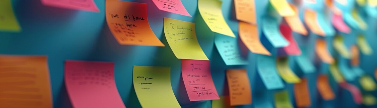 Ideation and collaborative creativity symbolized by color notes during a brainstorming session, captured against a backdrop of clarity and focus, 3D render
