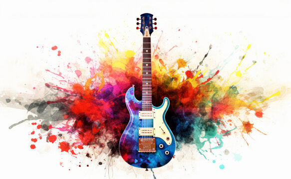 Explosion of Colors with Electric Guitar - A vibrant artwork showcasing a guitar amidst a splash of colorful paint.
