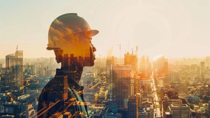 Silhouette of a Construction Worker at Sunset - Double exposure of a construction worker and city skyline at sunset. - obrazy, fototapety, plakaty