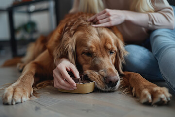 A woman was feeding golden retriever dog treats in the living room