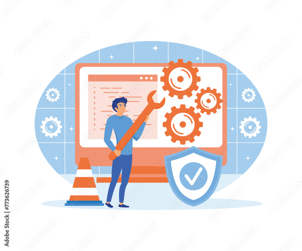 Poster system maintenance concept. update program and application, error, fixing a trouble, device updating