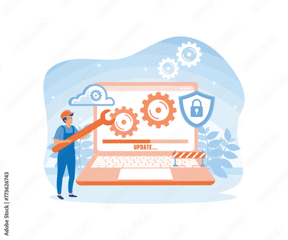 Poster system maintenance concept. update program application, engineer, error, fixing a trouble, device up