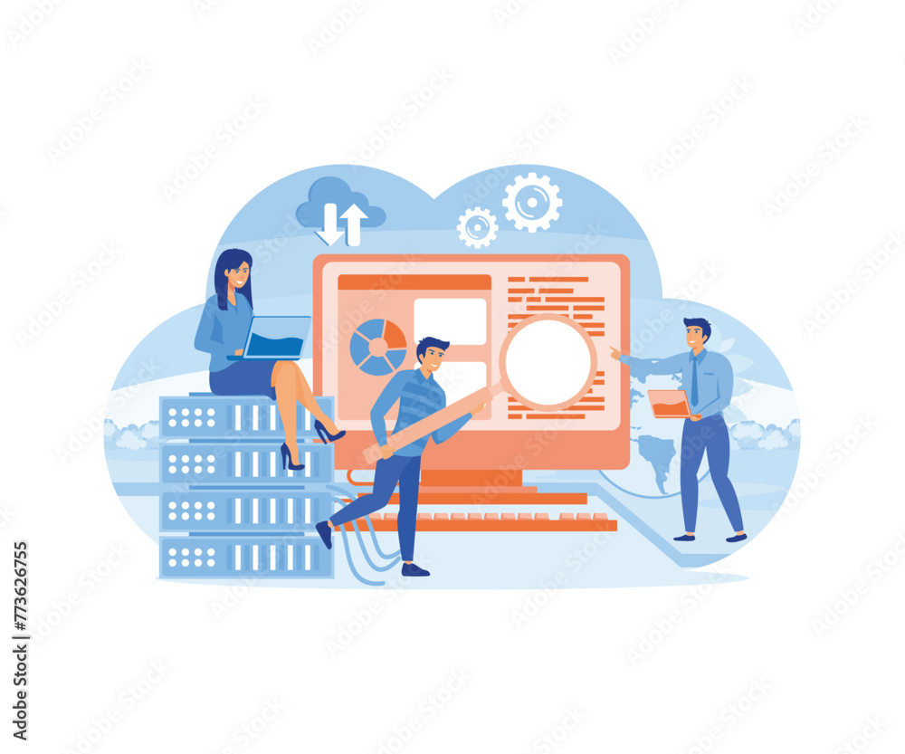 Poster web hosting or cloud computing poster with system admins. people maintain data technology software. 