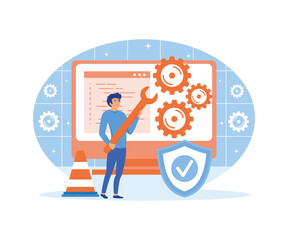 System maintenance concept. Update program and application,  error, fixing a trouble, device updating. flat vector modern illustration
