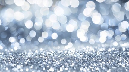Glistening Abstract Silver Bokeh Background - A sparkling silver glitter surface with soft bokeh lights.