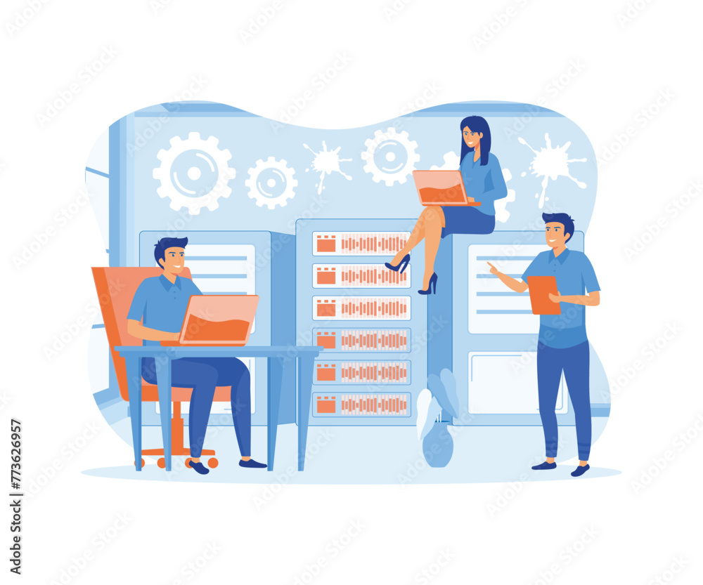 Poster system administrators or sysadmins are servicing server racks. system administration, upkeeping, con