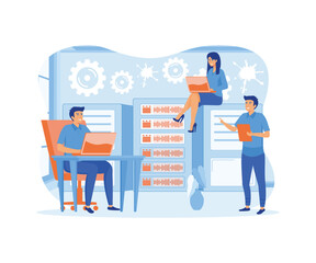 System administrators or sysadmins are servicing server racks. System administration, upkeeping, configuration of computer systems and networks concept. flat vector modern illustration