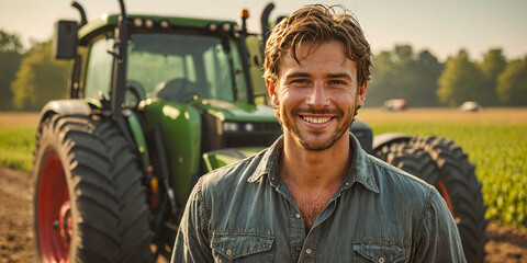 Smiling farmer standing in front of tractor at sunrise