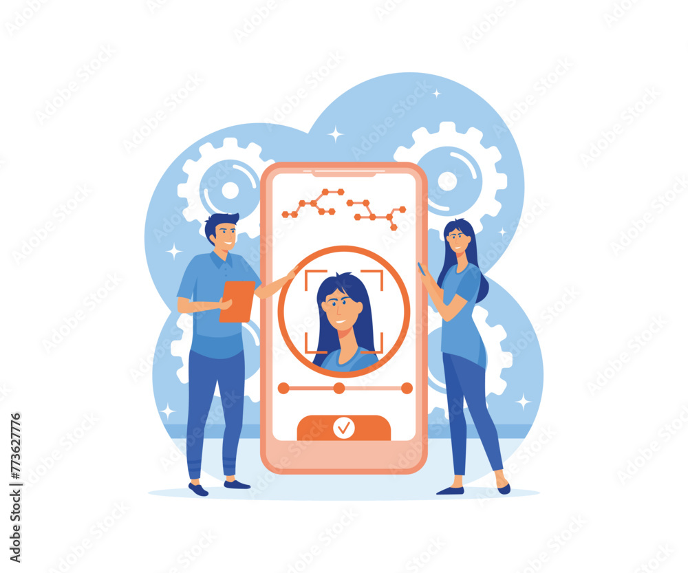 Poster face recognition and data safety. mobile phone users getting access to data after biometrical checki