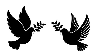 Flying dove holding an olive branch as a sign of peace. Dove with olive branch.  Concept of peace. Concept of pacifism - obrazy, fototapety, plakaty
