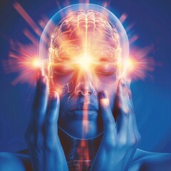 Fototapeta premium Headache, agony discomfort and migraine with effective treatment, stress relief, lifestyle adjustments for improved health and well-being, solution for symptom relief and comfor pulsating character