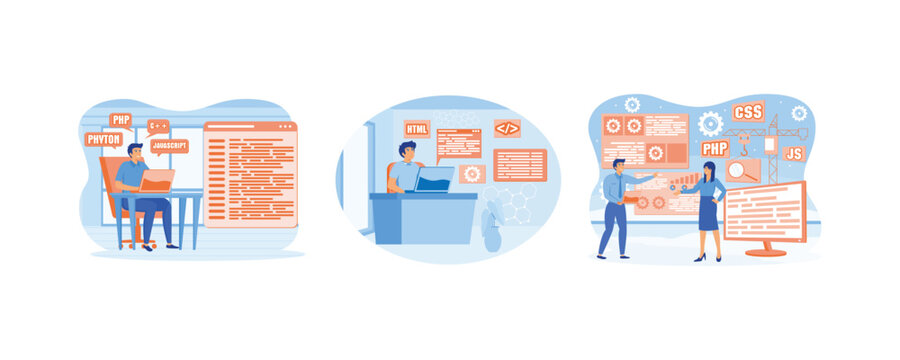 Software engineer sit in chair working on laptop use programming language code. Web design and development. Web development concept. Set flat vector modern illustration