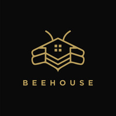 Abstract minimalist line art Bee house logo icon vector template on black background