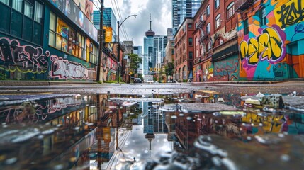 A busy intersection surrounded by tall buildings where a puddle reflects a series of colorful murals on the walls and traces of greenery creeping up from between the cracks